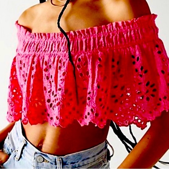 NWOT FP One Perla Eyelet Lace Off-shoulder Hot Pink Crop Top - Picture 1 of 15